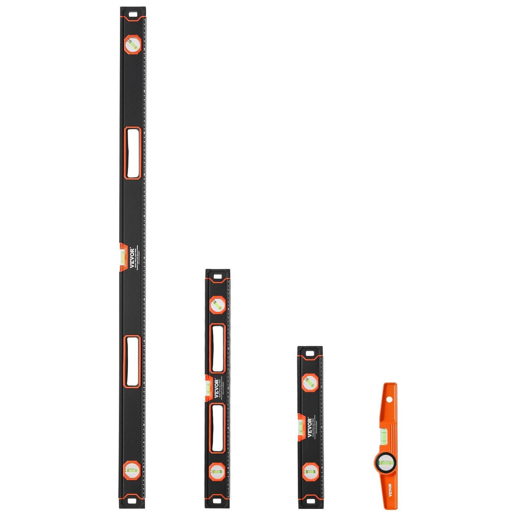 VEVOR 4-Piece Torpedo Level, 48/24/16/10 Inch All Magnetic Levels Set, Fluorescent Light Up Bubble Vials Ruler for 45/90/180 Degree, Aluminum Alloy Magnetic Box Leveler Tool, SAE and Metric Scale