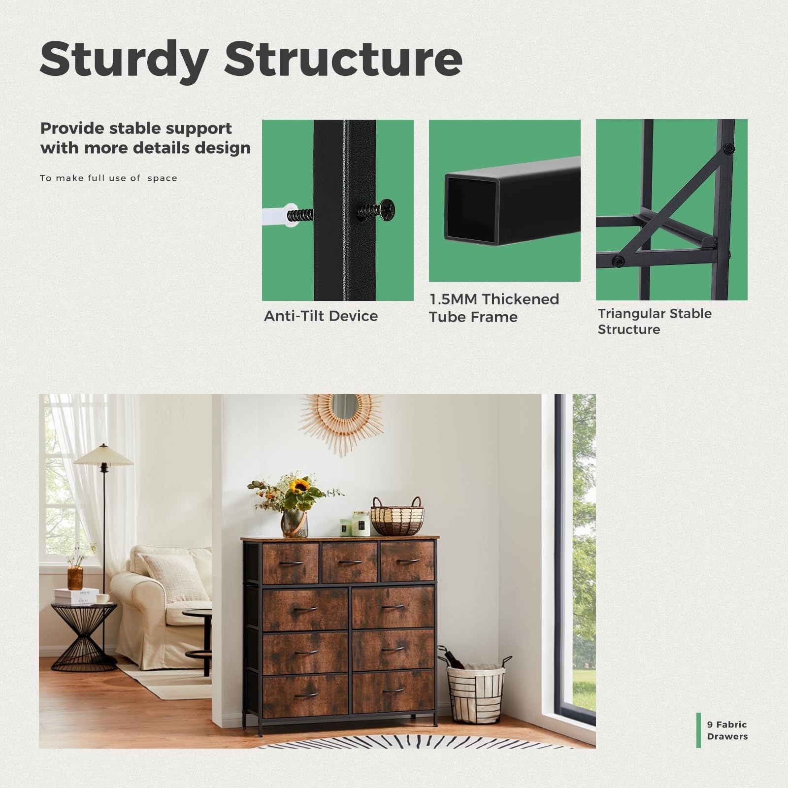 Dresser For Bedroom With 9 Fabric Storage Drawer Wardrobe Tall Chest Organizer Closet Adult Kids Clothes Cabinet Furniture