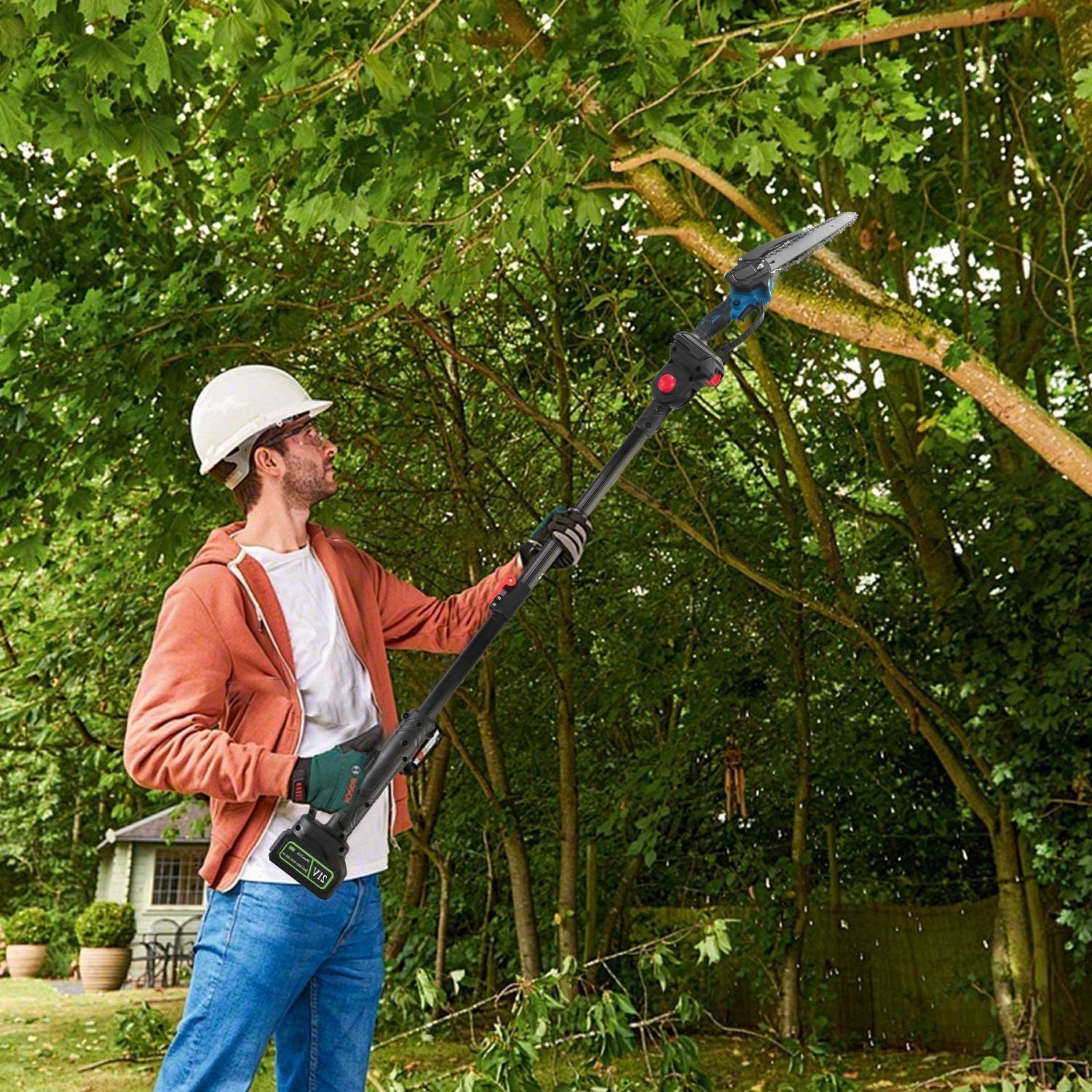 2-In-1 8' Cordless Electric Pole Saw and Mini Chainsaw with Extension Poles 2Pcs 21V 3.0Ah Batteries Adjustable Length Chain Saw With Auto Oiler Safety Switch For Wood Cutting