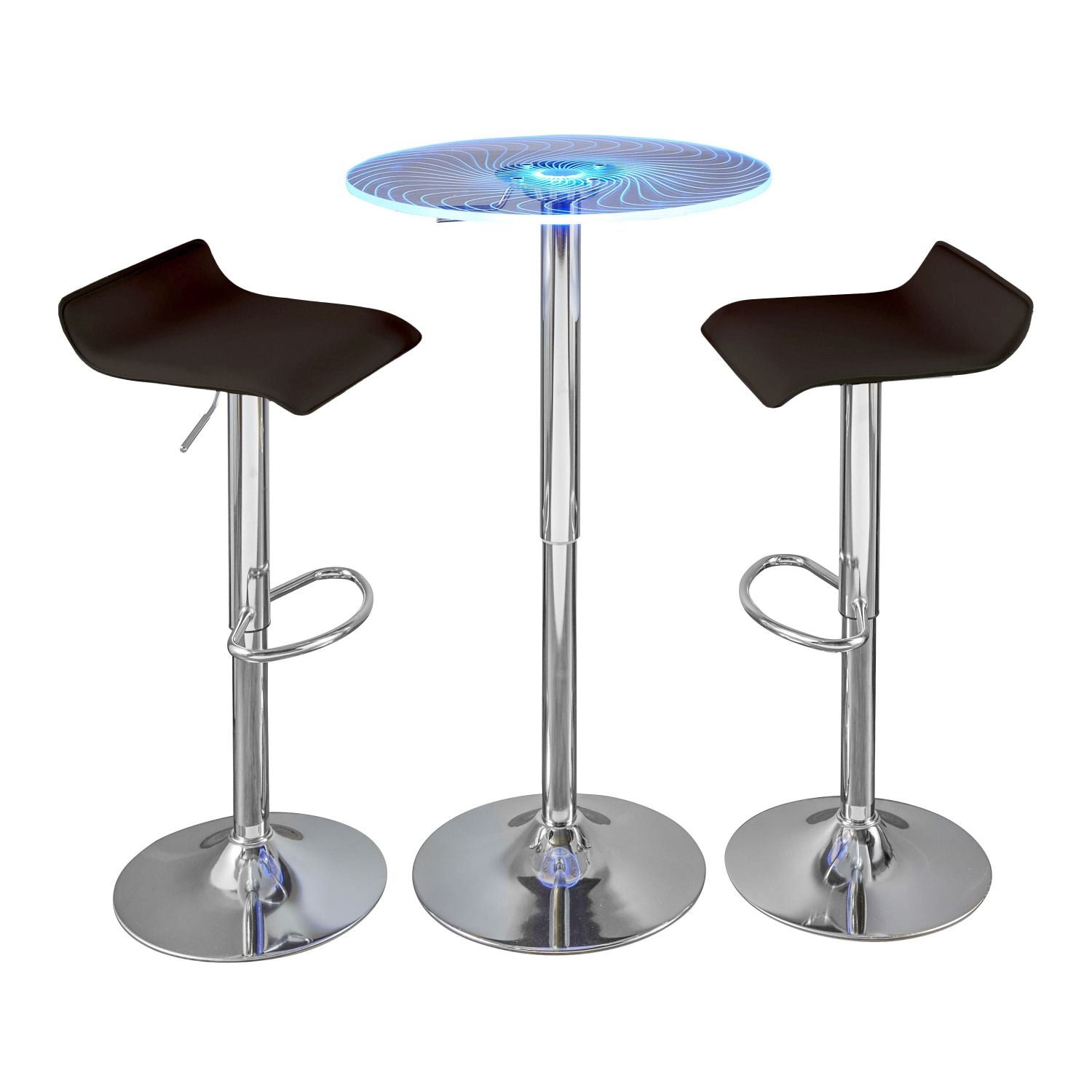Spyra-Ale Contemporary Adjustable Bar Set in Chrome Metal, Clear Acrylic with Light Up Tabletop, and Brown PVC by - 3 Piece