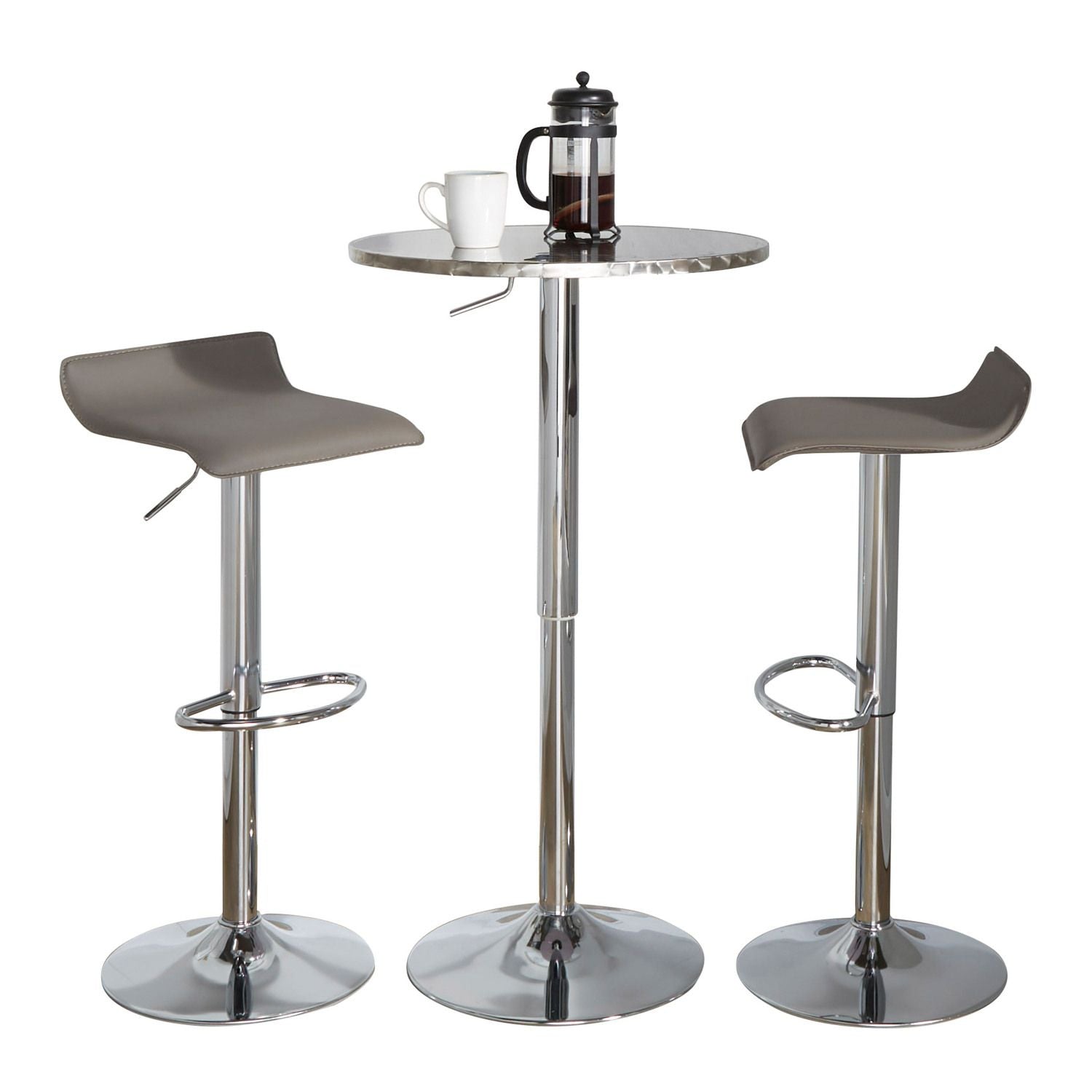 Bistro Round-Ale Contemporary Adjustable Bar Set in Silver and Chrome Metal with Grey PVC and Oval Footrest by - 3 Piece