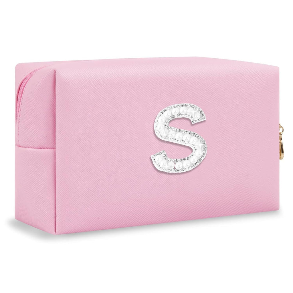 Bride Gifts – Personalized Initial Makeup Bag with Pearl Rhinestone Patch, Preppy Pink Monogram Cosmetic/Toiletry Pouch, bridesmaid Gifts, Bridal Shower Gifts, Wedding Gifts, Bridal Gifts,S
