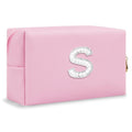 Bride Gifts – Personalized Initial Makeup Bag with Pearl Rhinestone Patch, Preppy Pink Monogram Cosmetic/Toiletry Pouch, bridesmaid Gifts, Bridal Shower Gifts, Wedding Gifts, Bridal Gifts,S