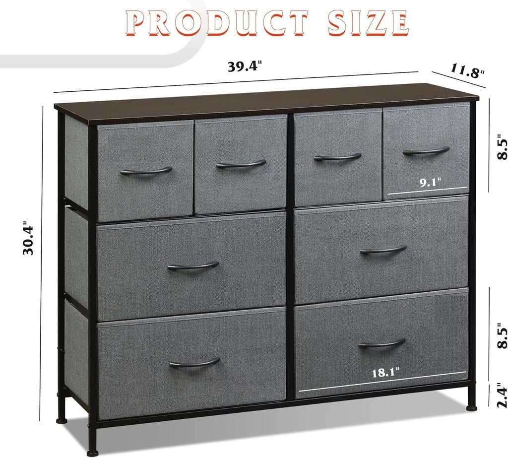 Dresser for Bedroom with 8 Drawers, Wide Fabric Dresser for Storage and Organization, Chest of Drawers, Dressers for Living Room, Closet, Hallway, Dark Grey