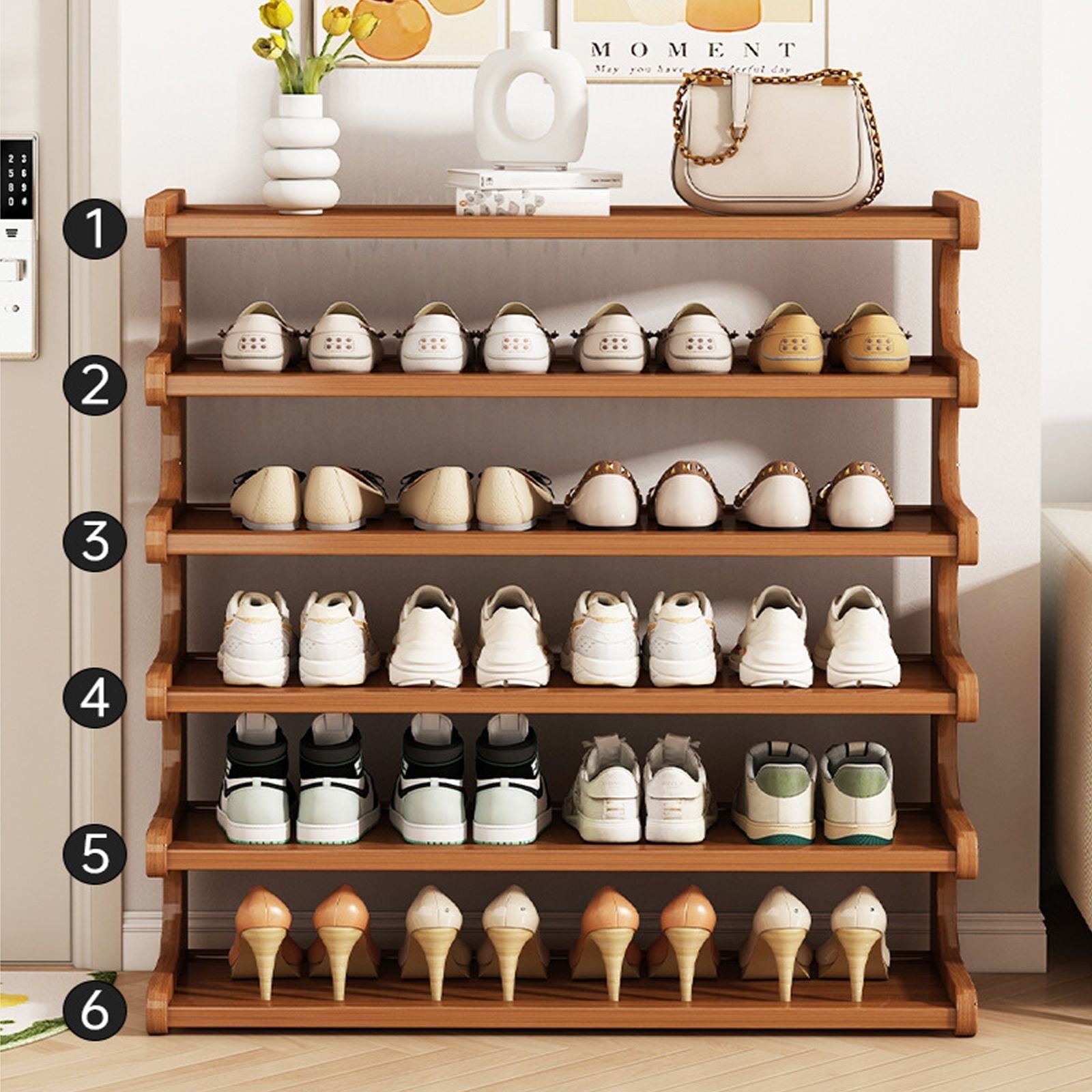 5/6-layer practical storage rack, shoe rack, space-saving design, multi-layer independent storage rack, wood grain finish, easy to assemble, self-supporting cubic shoe storage rack, storage rack, sui
