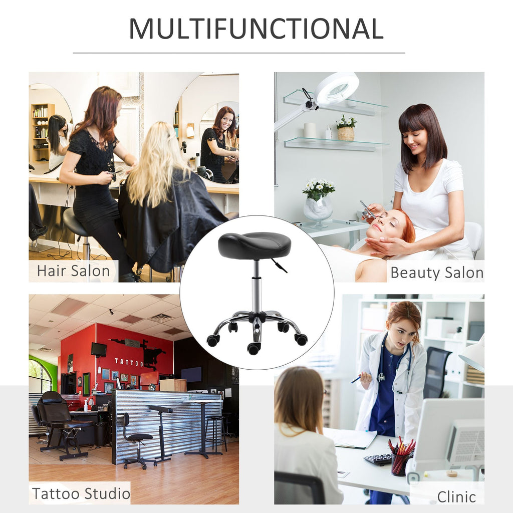 Saddle Stool Height Adjustable Rolling Salon Chair PU Leather Black for Massage Spa Clinic Beauty Tattoo
