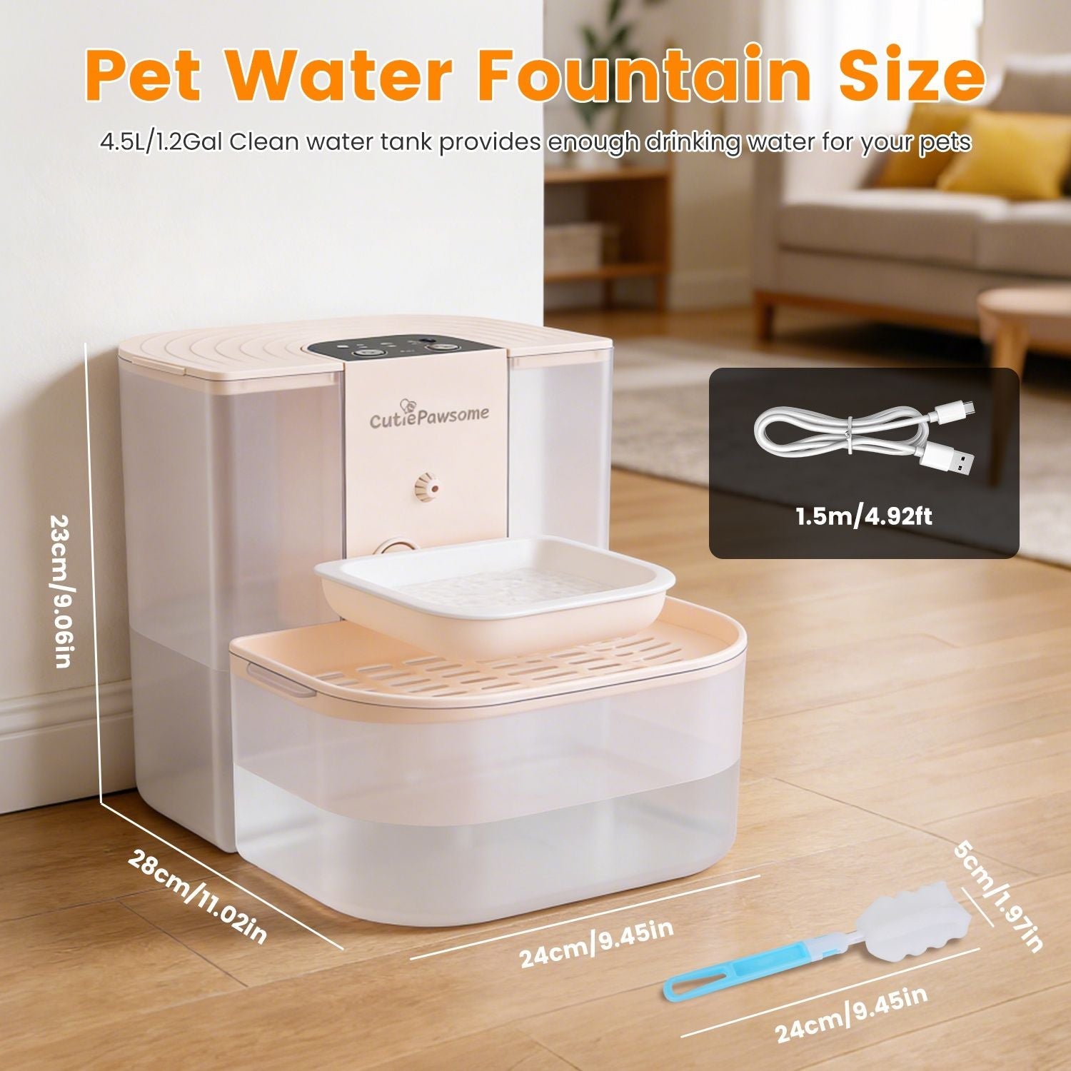 Smart Pet Water Fountain Automatic Cat Water Dispenser 4.5L Cordless Rechargeable Dog Water Fountain Self-Refill with 3 Adjustable Volume 3 Time Intervals Remote Control Cleaning Brush