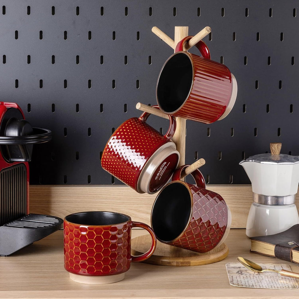 12 OZ Stackable Coffee Mugs Set of 4, Ceramic Coffee Cups with Texture Patterns for Man,Woman,Dad,Mom, Modern Mugs Set for Latte/Cappuccino/Cocoa. Dishwasher&Microwave Safe, Red