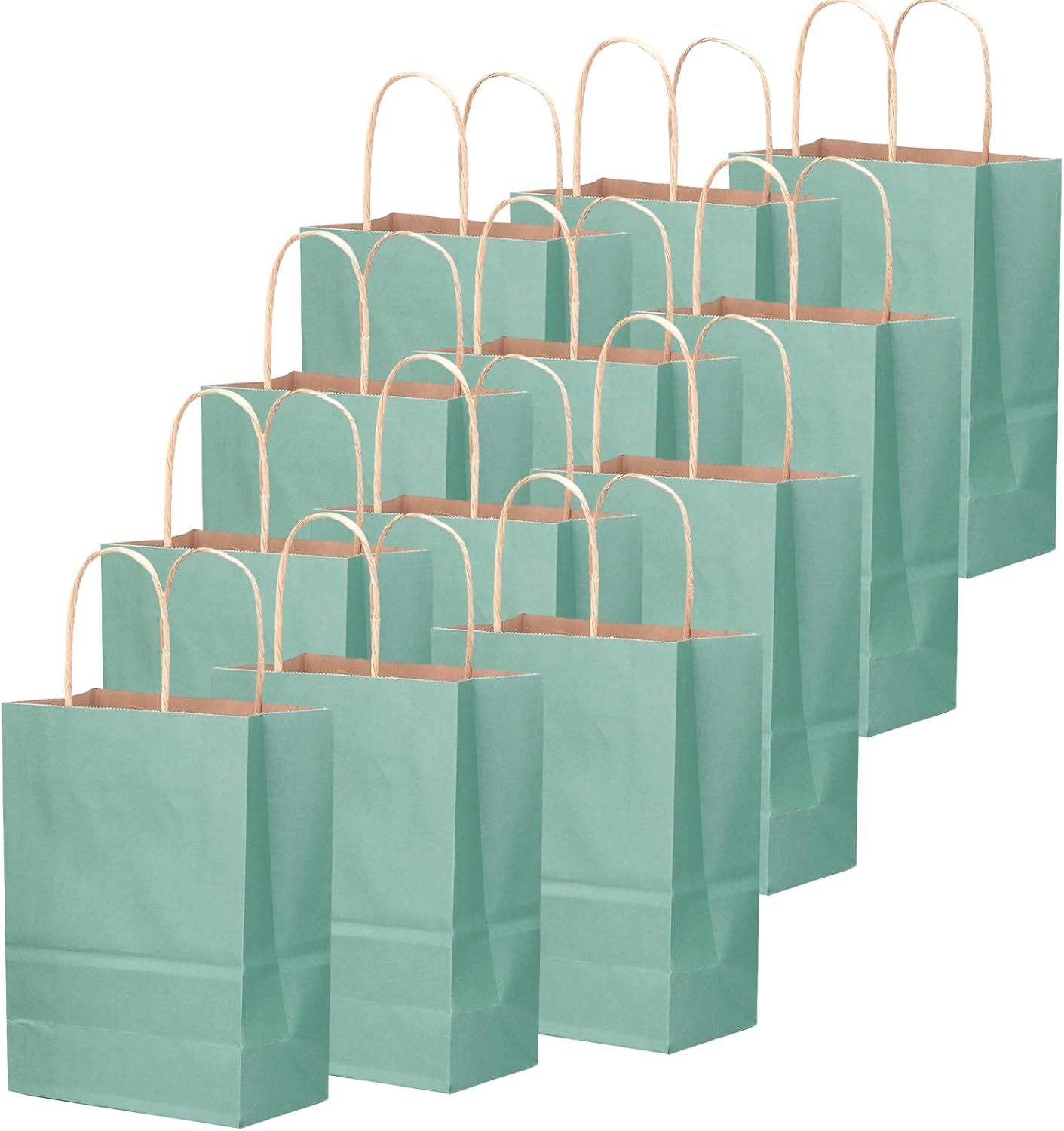 100PCS Gift Bag with Handles Bulk Kraft Light Blue Paper Bags Multiple Uses (8.3"x3"x6"inch Small Size)