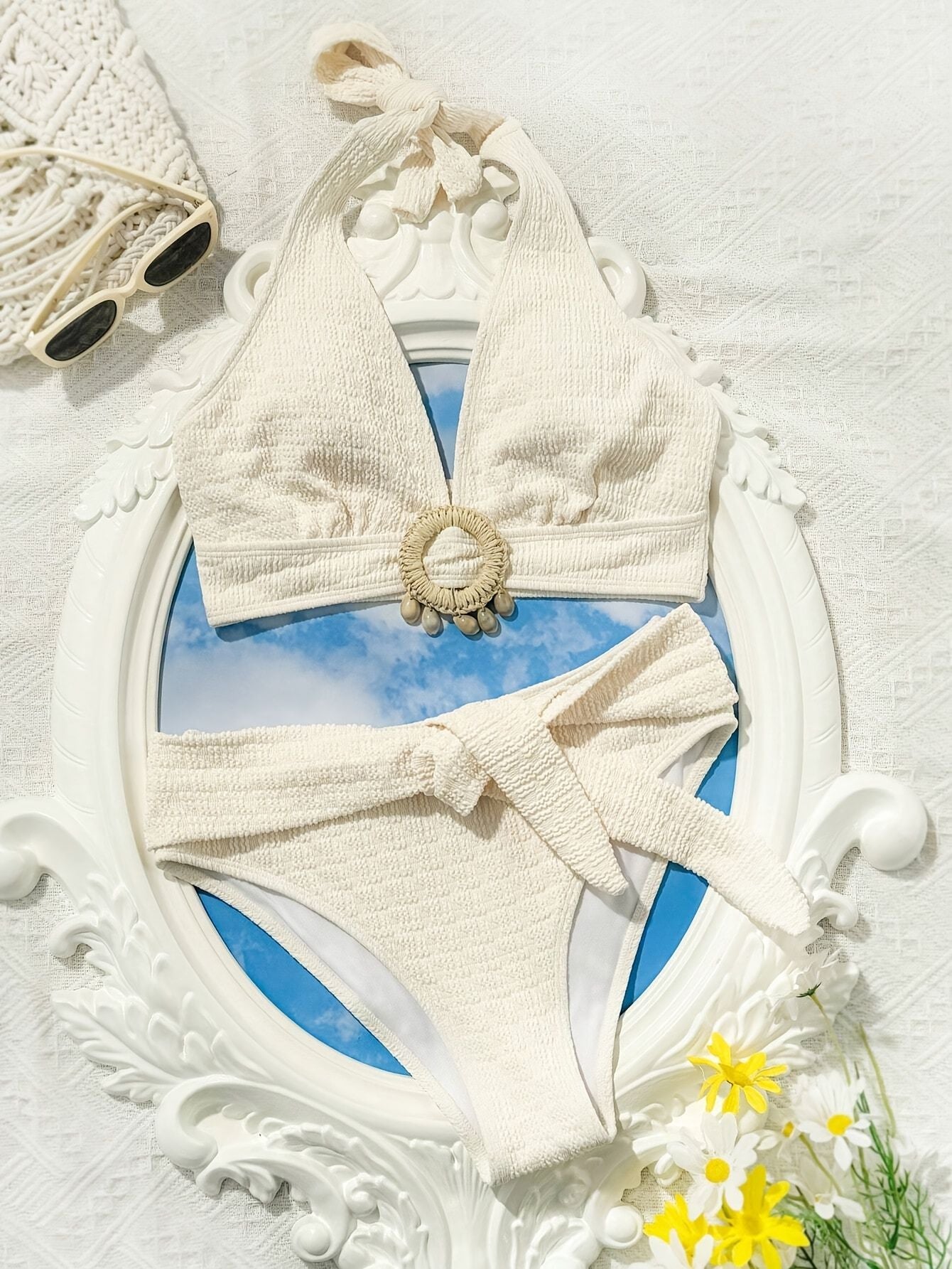 Ladies' white split beach bikini swimwear with shell embellishment, elegant and sexy
