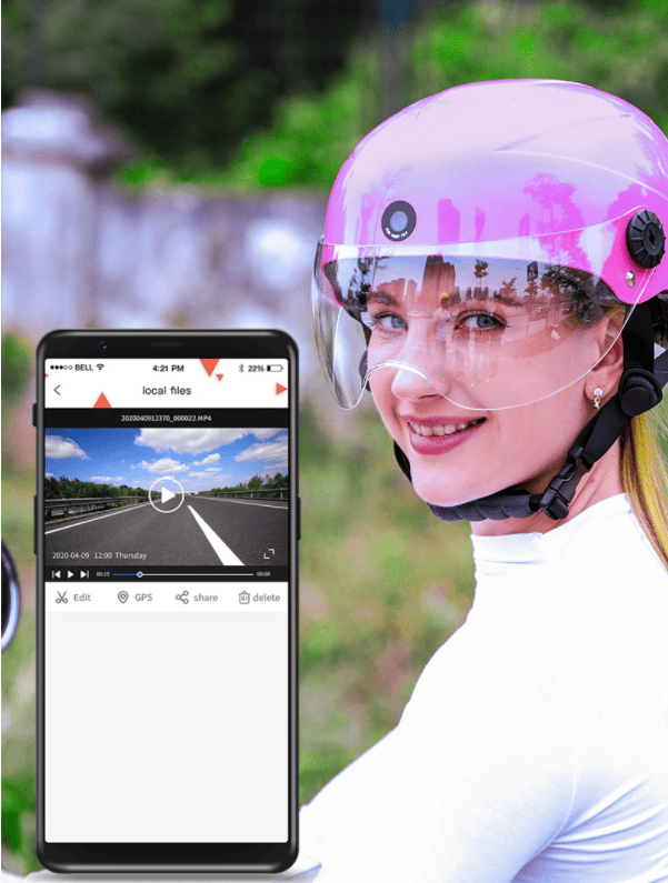 Smart Bluetooth motorcycle helmet. (1920x1080P motion camera (front / back), 64GB (16h) loop video, BT5.2+BLE4.2 Bluetooth, 2x0.5W voice control, phone, message, GPS, MP3)