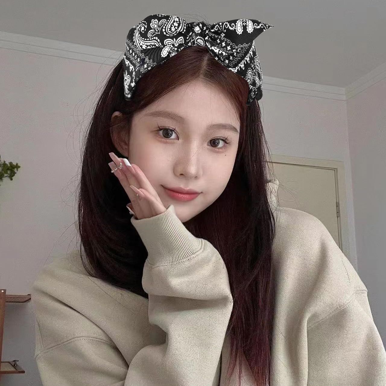 Bandana Headbands with Knotted Bow and Rabbit Ear Design for Women and Girls - Black Bowknot Hairband Accessories