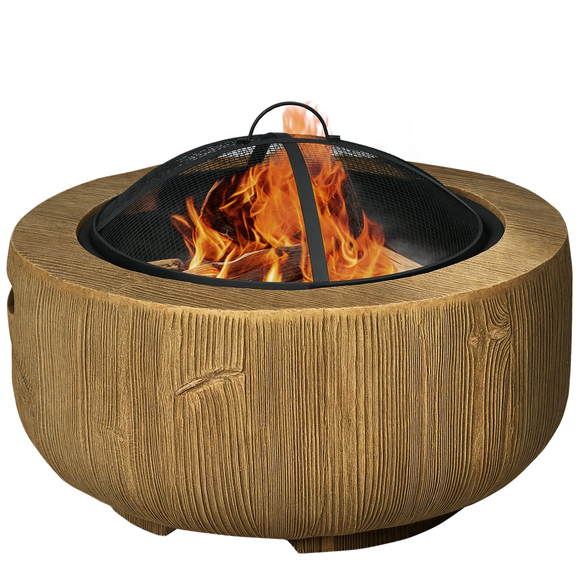 Outdoor Fire Pit, 24 Inch Metal Wood Burning Fireplace with Spark Cover, Poker, Woodgrain Design for Patio, Picnic, Backyard, Light Brown