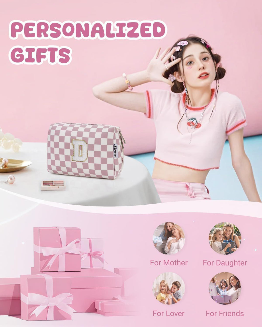 Birthday Gifts for Teen Girls Kids Women Personalized Initial Checkered Makeup Bag Pink Monogram Cosmetic Bag Trendy Stuff