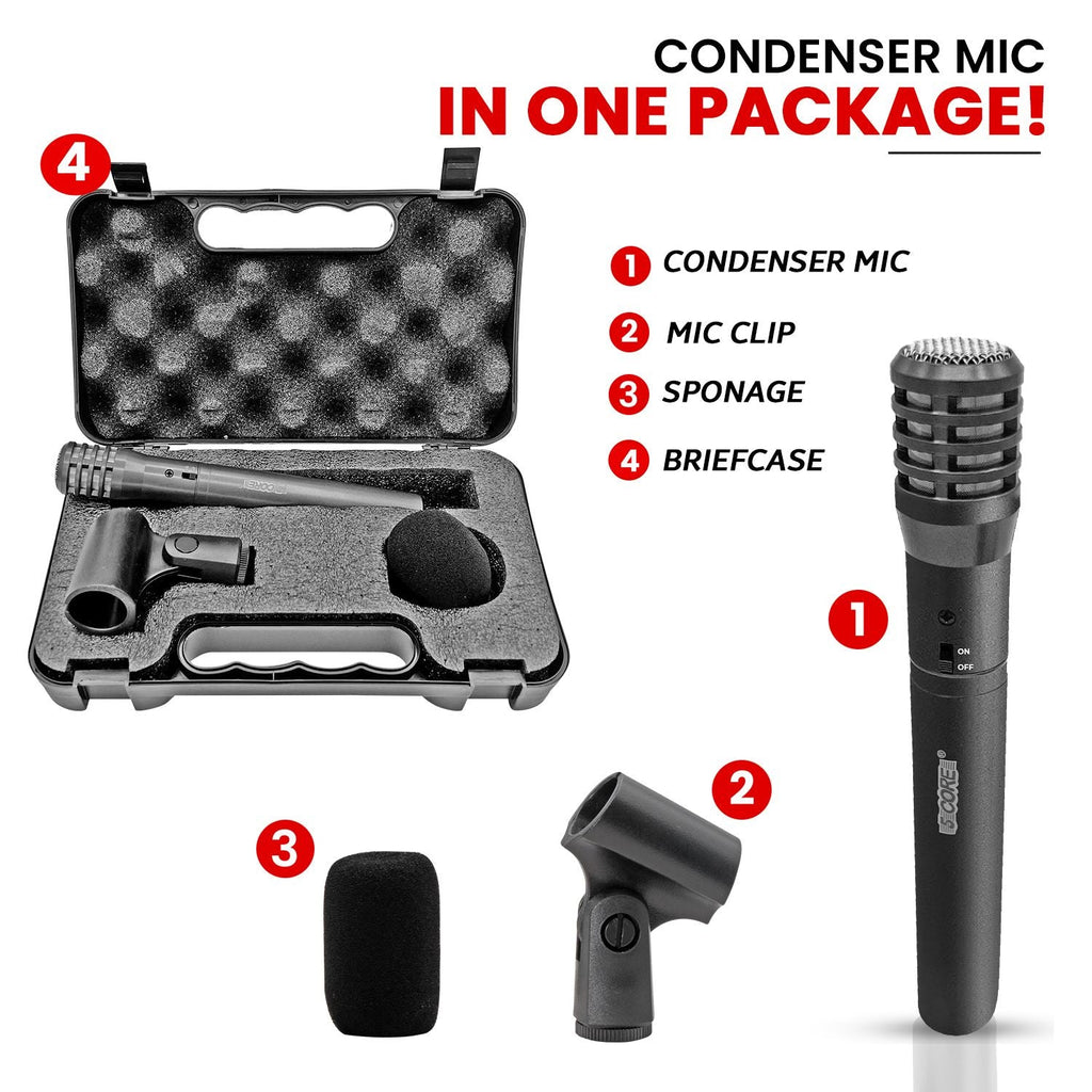 5 CORE Professional Instrument Microphone Pencil Mic Condenser Cardioid Unidirectional Stick Microfono with Windscreen Mic Clip & Case - INSTRU MIC 100 GREY