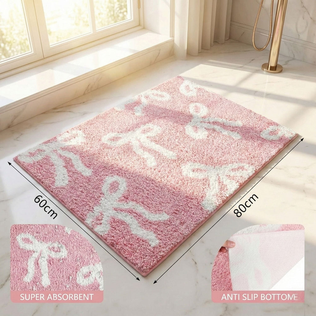 Bow Coquette Cute Bath Mat (20 X 32 Inch) – Non-Slip Absorbent Bathroom Rug For Vanity, Shower, Bedroom & Kitchen | Perfect Christmas Holiday Decor & Gift