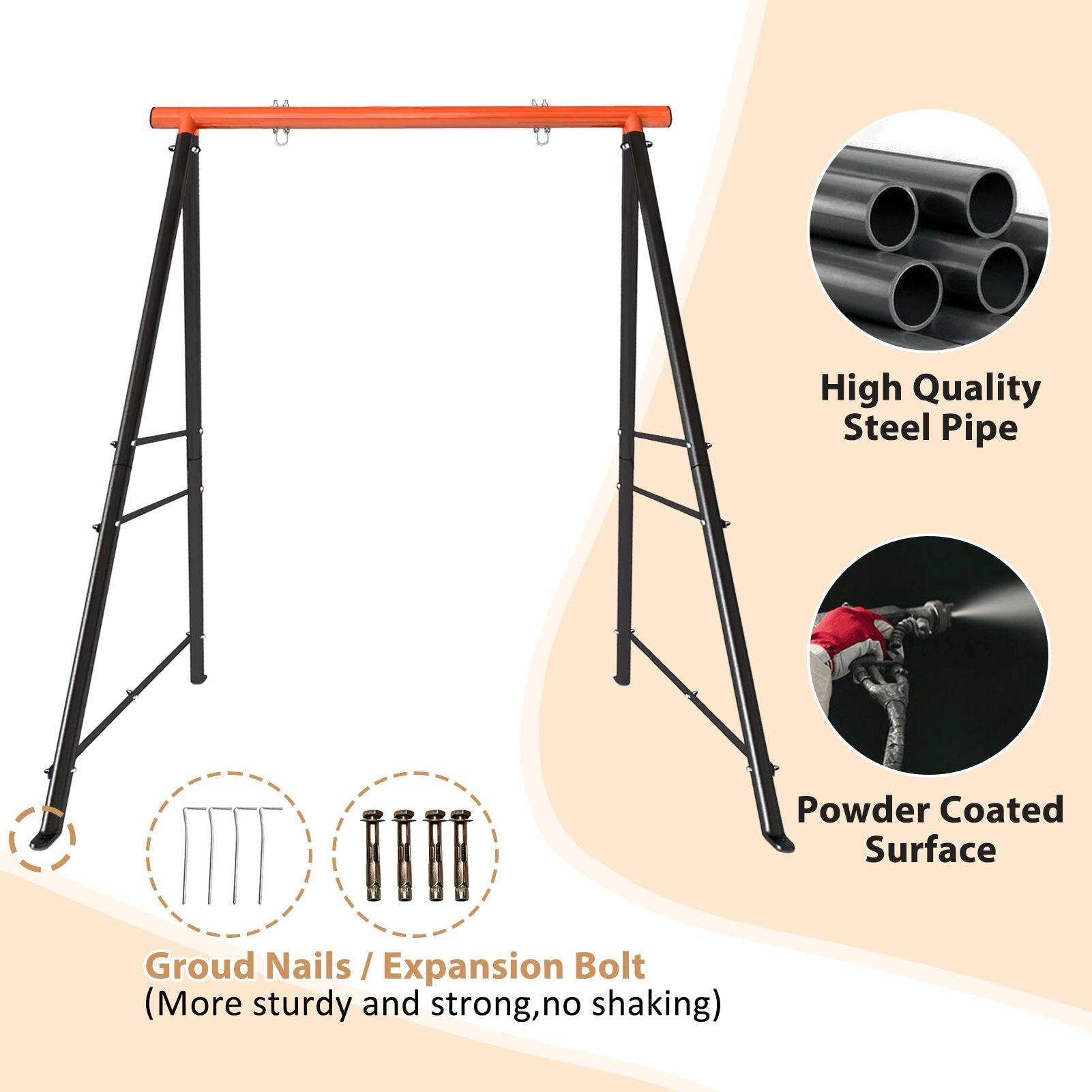 Metal Swing Stand Swing Sets for Backyard,Powder Coated Swing Frame of Swing Set with Extra Side Bars,880 Lbs Heavy-Duty A-Frame Outdoor Swing Fits Swing Chair,Porch Swing