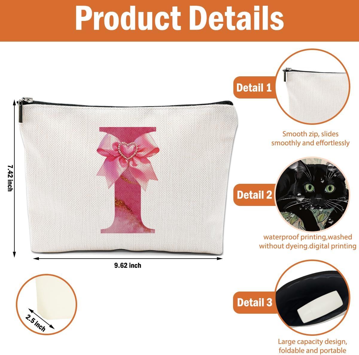 Personalized Initial Makeup Bag, Monogram Bow Travel Toiletry Make Up Bags Cute Preppy Cosmetic Bag Pouch Makeup Organizer Mothers Day Wedding Birthday Gifts for Women Nurse Sister Girls Pink I