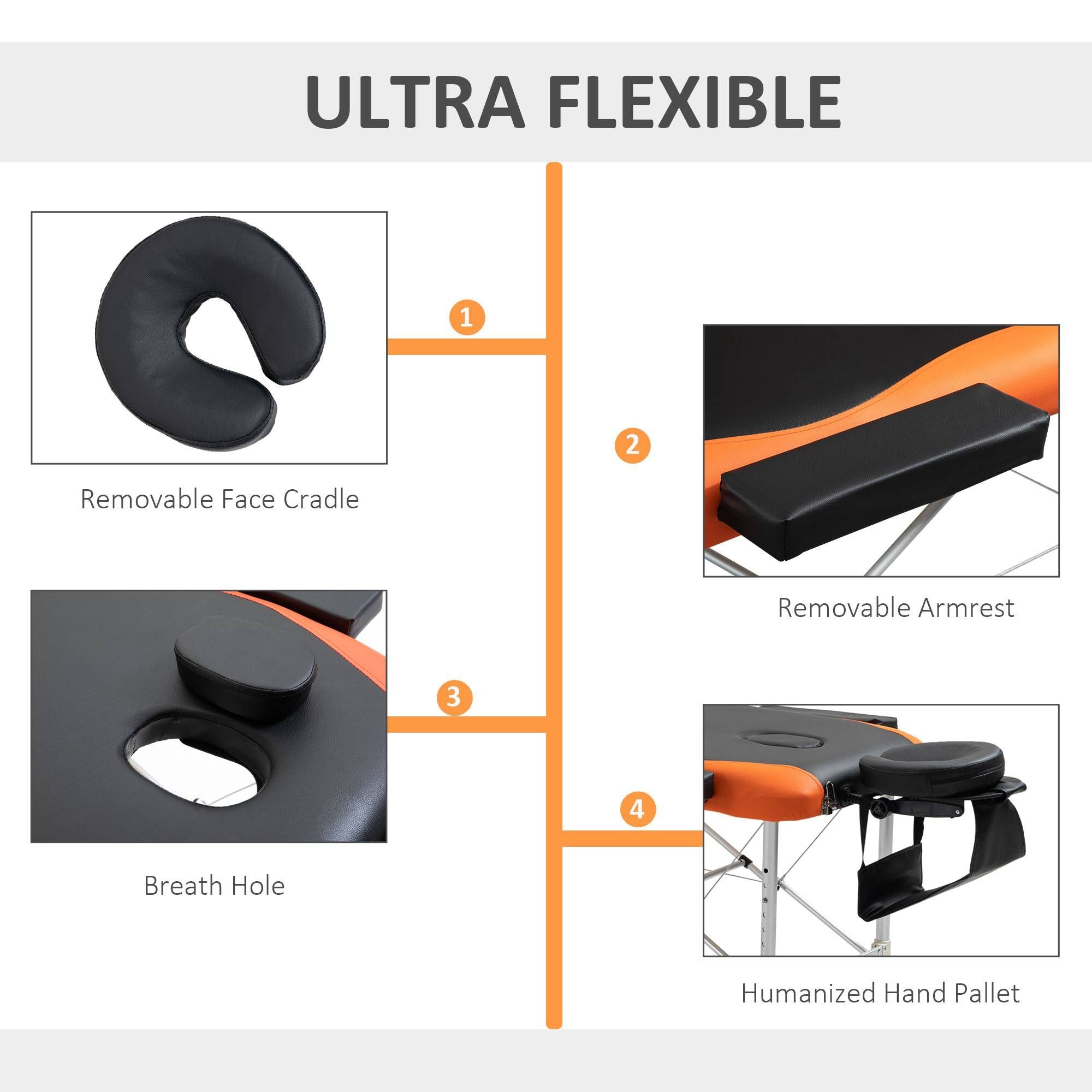 Portable Luxury: 73" 3 Section Foldable Salon Bed, Facial Couch in Black Orange for Spa Therapy Equipment