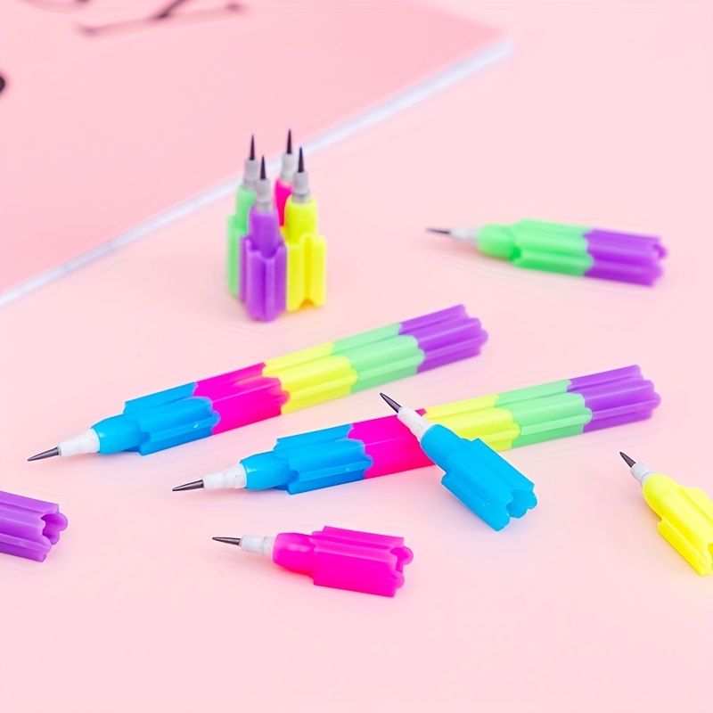 12pcs School Blocks Replaceable Core Rainbow Pencils Writing Tools Kids Gift Pencils Toy Stationery Pen Splicing Office Plastic 5.91*0.39inch