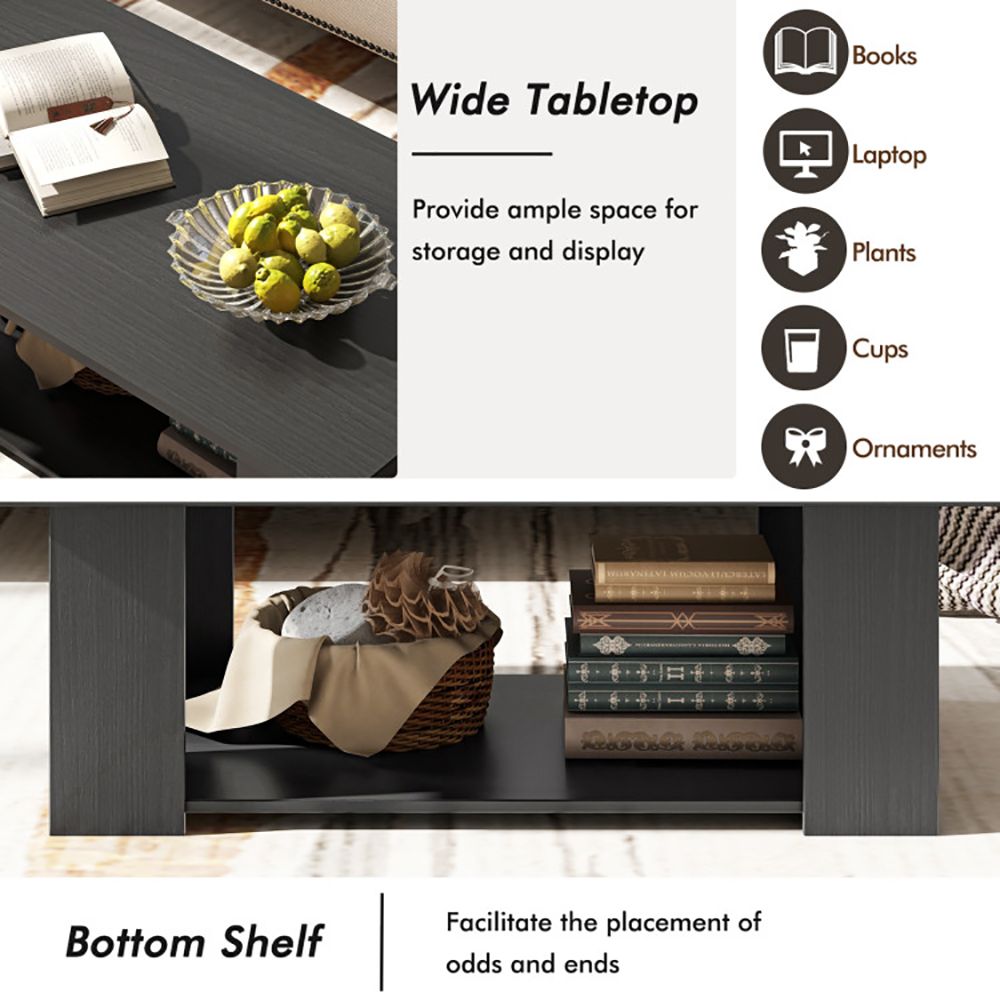 Large 41 Inch 2-tier Wooden Modern Coffee Table with Storage Shelf living room table