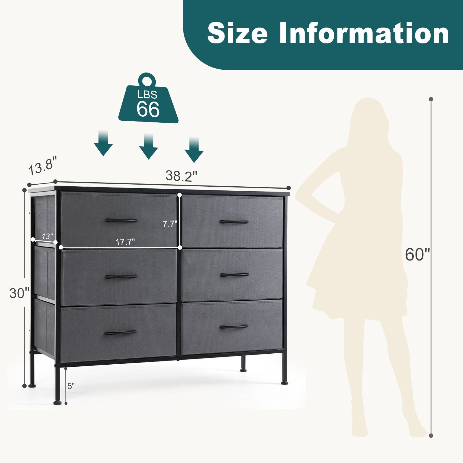 Dresser for Bedroom 6 Drawers Wide Fabric Storage Units Chest of Drawers for Bedroom with Metal Frame and Wooden Top for TV