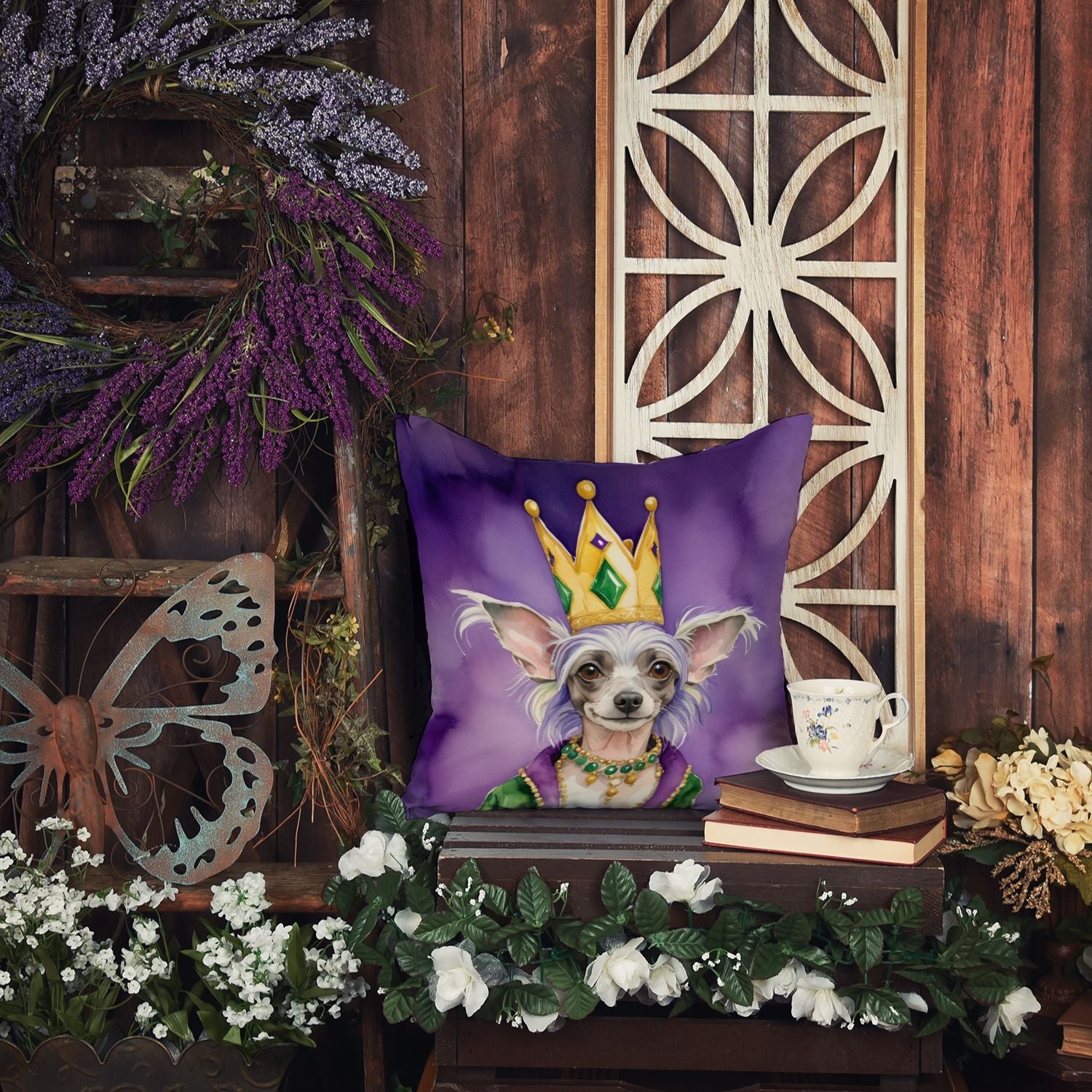 Chinese Crested King of Mardi Gras Throw Pillow Machine Washable, Indoor Outdoor Decorative Pillow for Couch, Bed or Patio, 18Hx18W