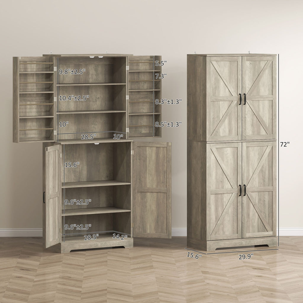 HOMCOM Farmhouse Kitchen Pantry, 72" Tall Pantry Cabinet with 4 Barn Doors, 4 Adjustable Shelves and 8 Door Shelves, Gray Wash