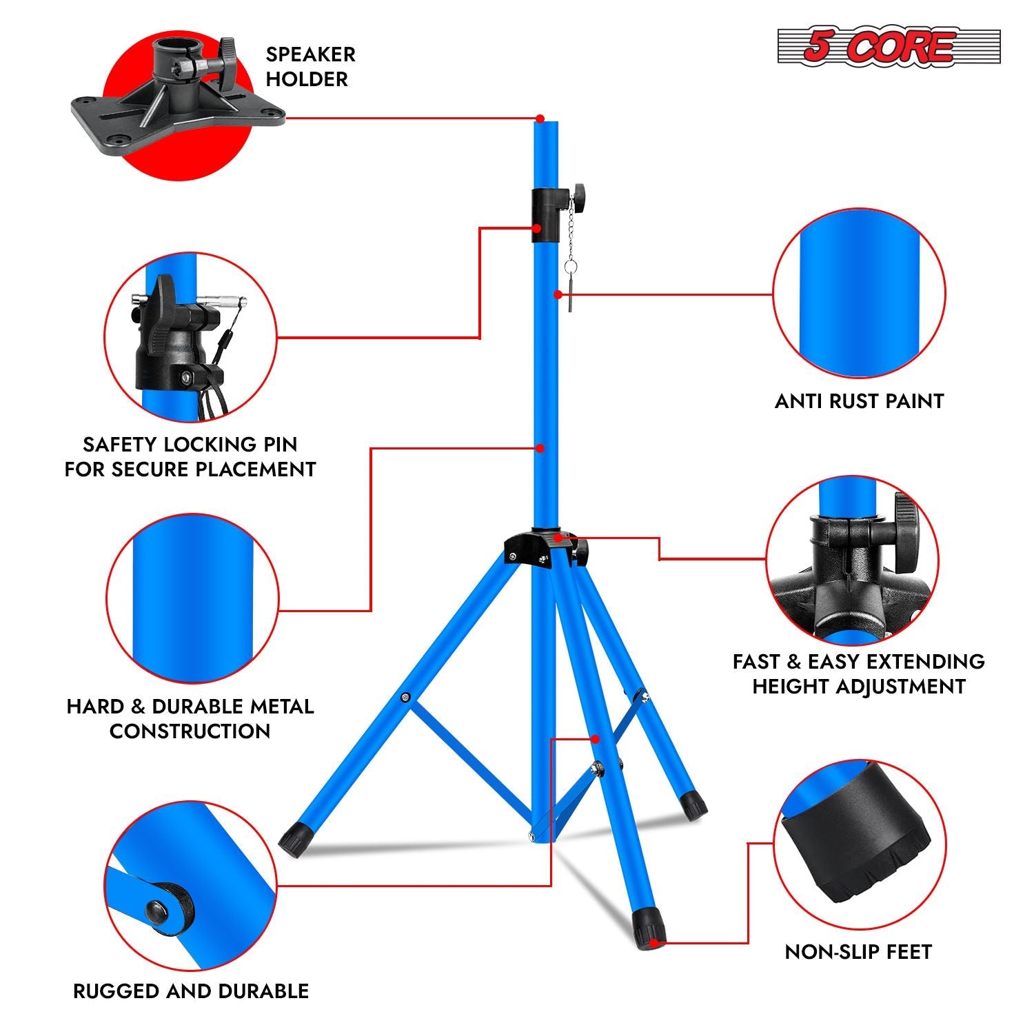5 Core Speaker Stand Tripod Floor Tall Adjustable Up to 72 Inch DJ Studio Monitor Stands Pole Mount - SS ECO 1PK WOB