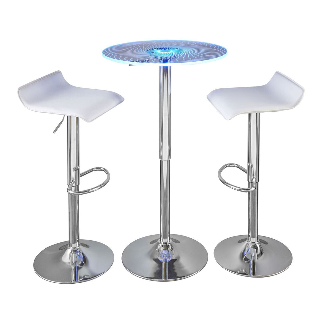 Spyra-Ale Contemporary Adjustable Bar Set in Chrome Metal, Clear Acrylic with Light Up Tabletop, and White PVC by - 3 Piece