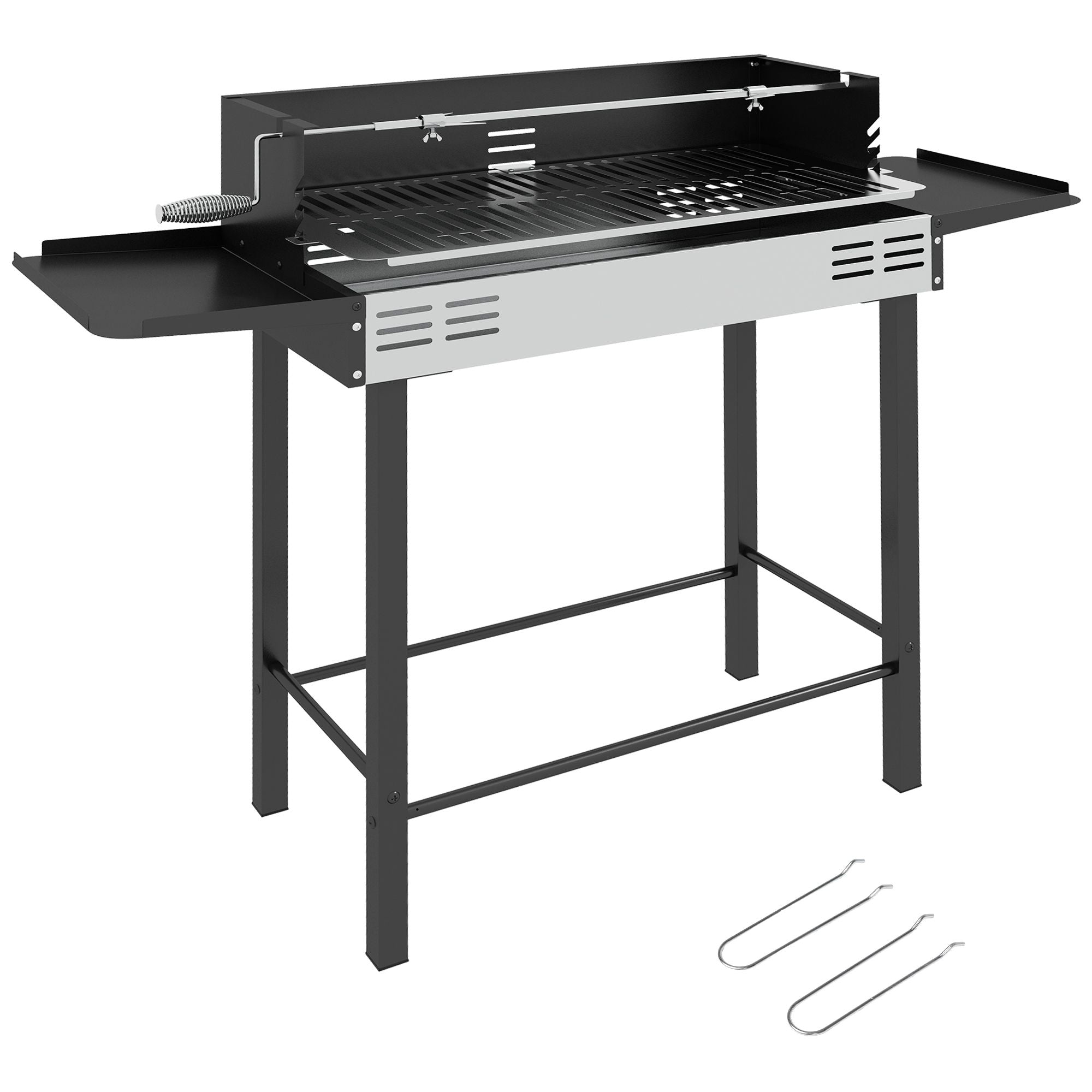 Outsunny BBQ Rotisserie Charcoal Grill for Chicken Turkey with 3-Level Grate Storage Shelves Stainless Steel