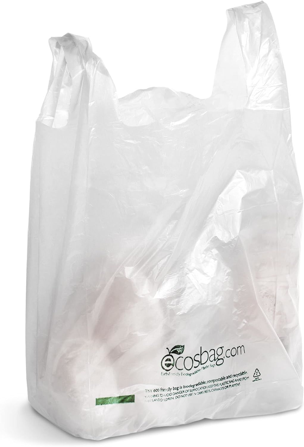 Pack of 1000 Earth Friendly Grocery Bags; White 11.5 x 6.5 x 21. Carry-Out T-Shirt Bags 11 1/2 x 6 1/2 x 21. Preprinted Shopping Poly Bags; 0.65 mil. Handle Plastic Bags for Store or Restaurant.