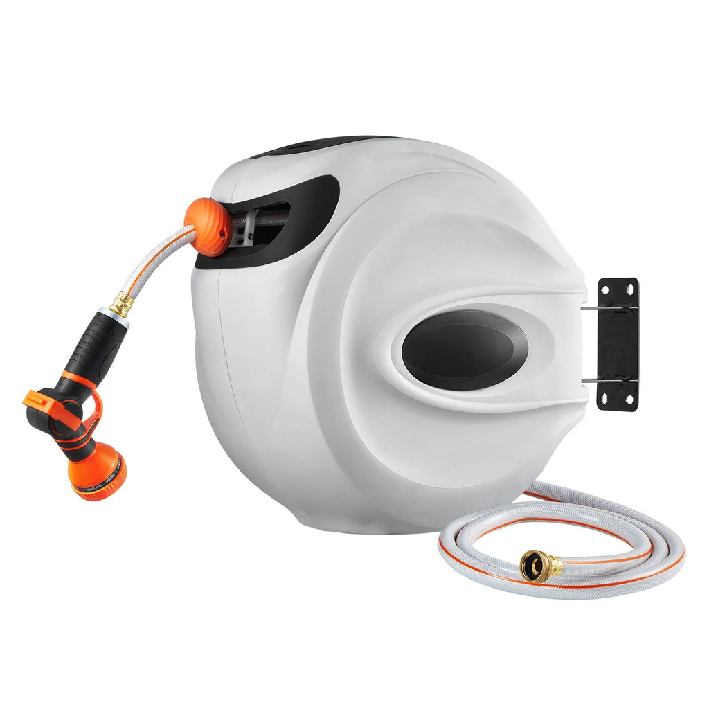 Retractable Hose Reel, 130 ft x 1/2 inch, 180° Swivel Bracket Wall-Mounted, Garden Water Hose Reel with 9-Pattern Nozzle, Automatic Rewind, Lock at Any Length, and Slow Return System
