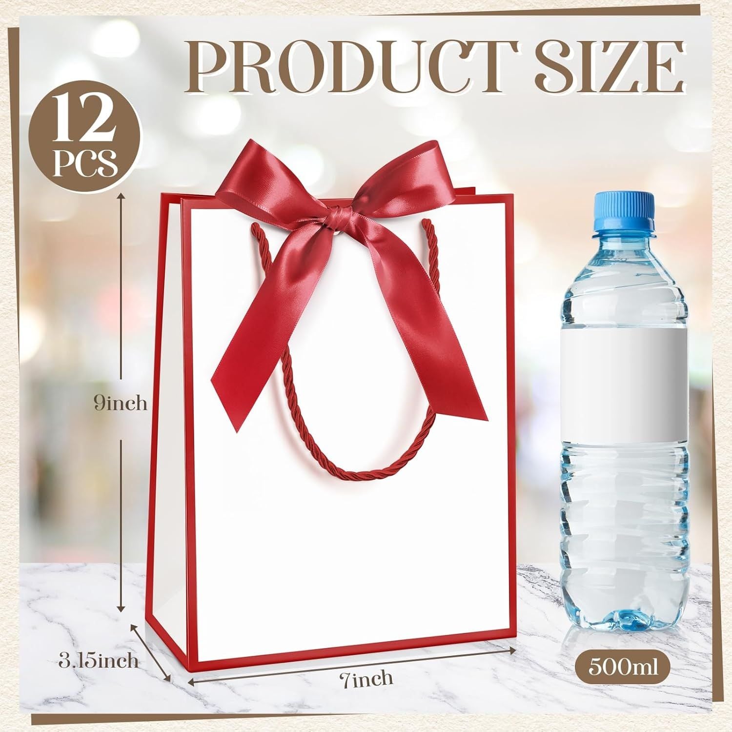 12/24 Pack Paper Gift Bags with Handle 9x7x3.15'' Thank You Gift Bags with Bow Ribbon for Holiday Valentines Wedding Bridal Baby Shower Birthday Party