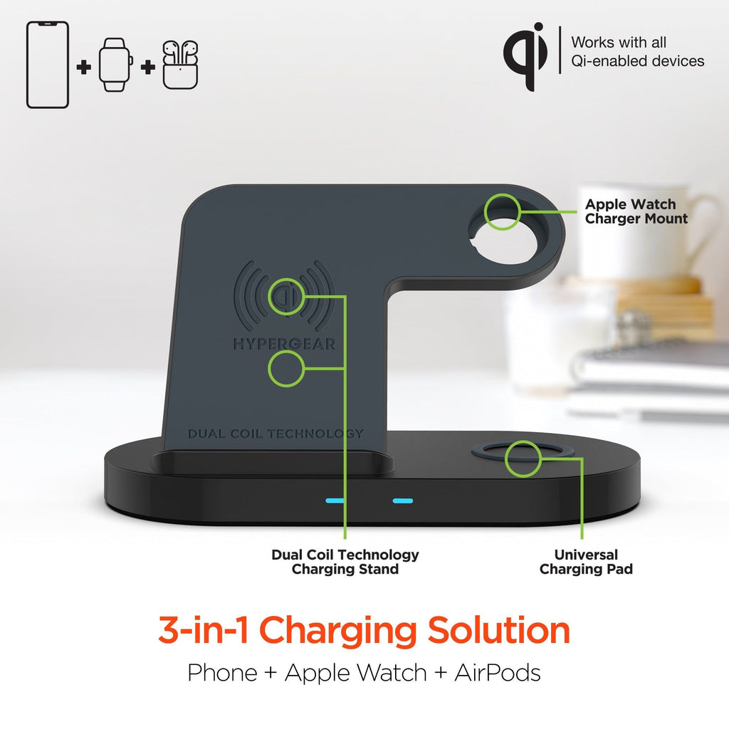 HyperGear 3-in-1 Wireless Charging Dock Black