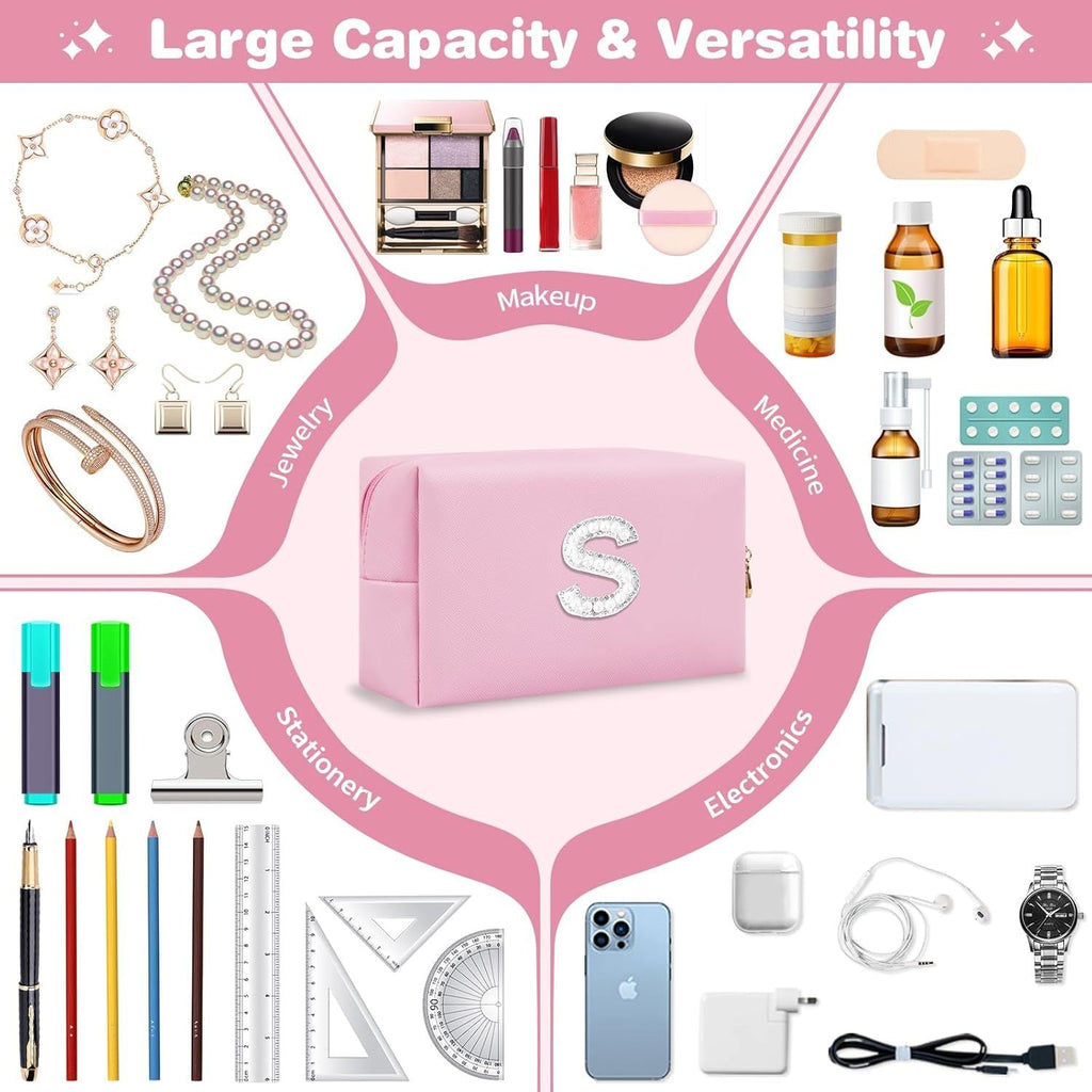 Bride Gifts – Personalized Initial Makeup Bag with Pearl Rhinestone Patch, Preppy Pink Monogram Cosmetic/Toiletry Pouch, bridesmaid Gifts, Bridal Shower Gifts, Wedding Gifts, Bridal Gifts,S