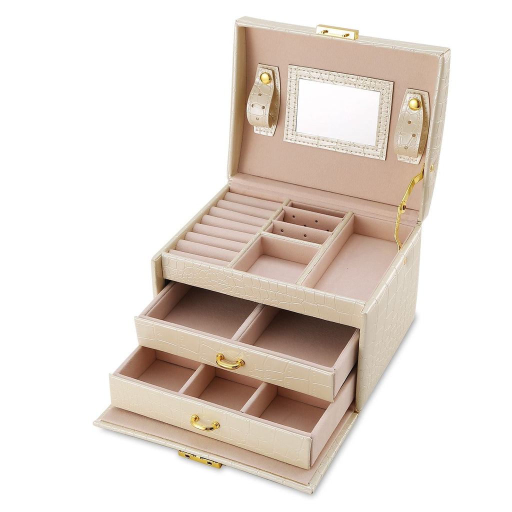 Jewelry Case Organizer 3-layer Lockable Travel Jewelry Box PU Leather Storage Display Case with Mirror Protective