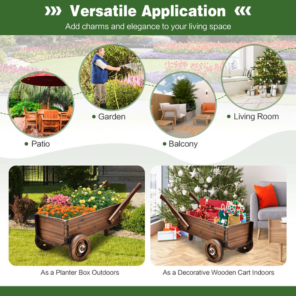 Wooden Wagon Planter Box with Wheels Handles and Drainage Hole