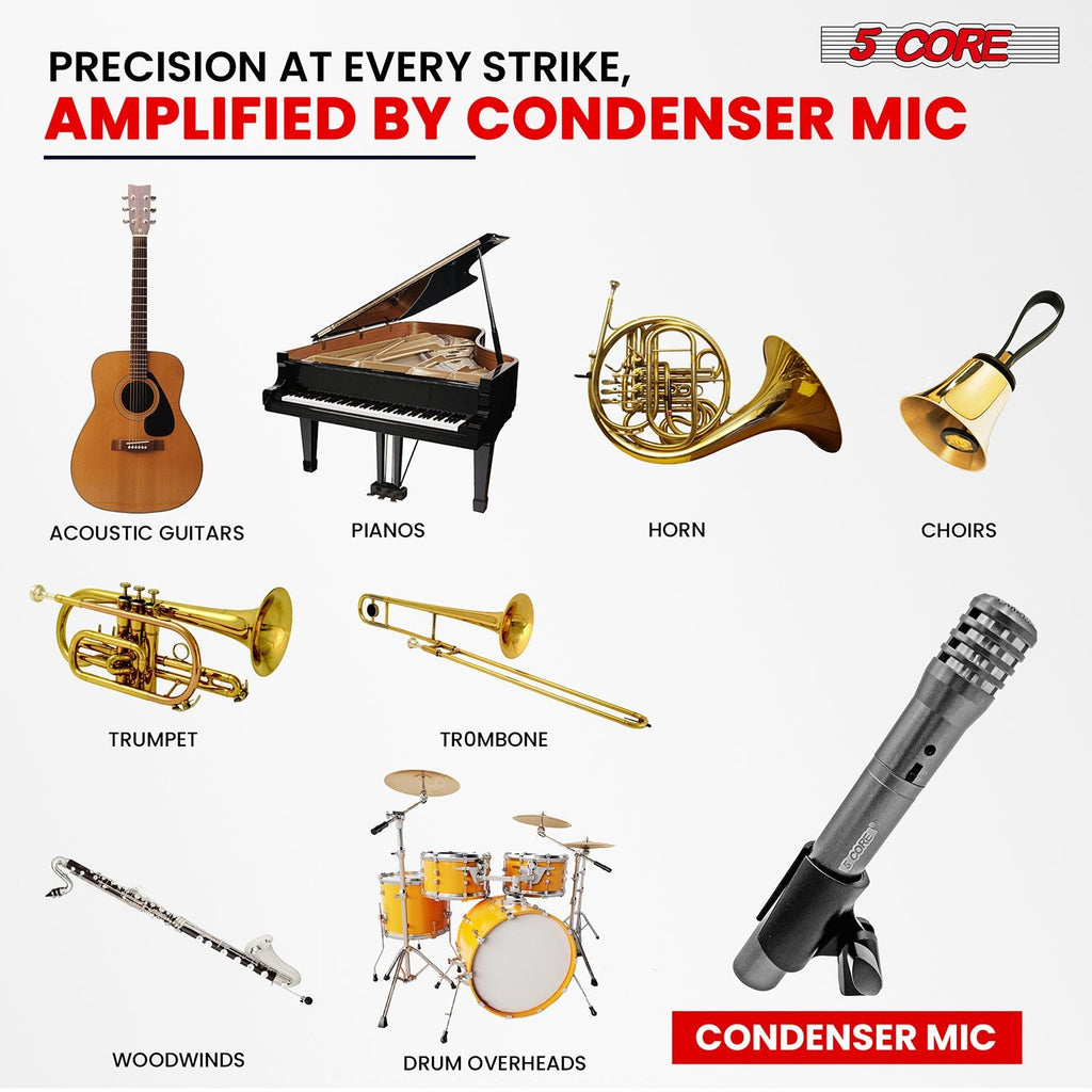 5 CORE Professional Instrument Microphone Pencil Mic Condenser Cardioid Unidirectional Stick Microfono with Windscreen Mic Clip & Case - INSTRU MIC 100 GREY
