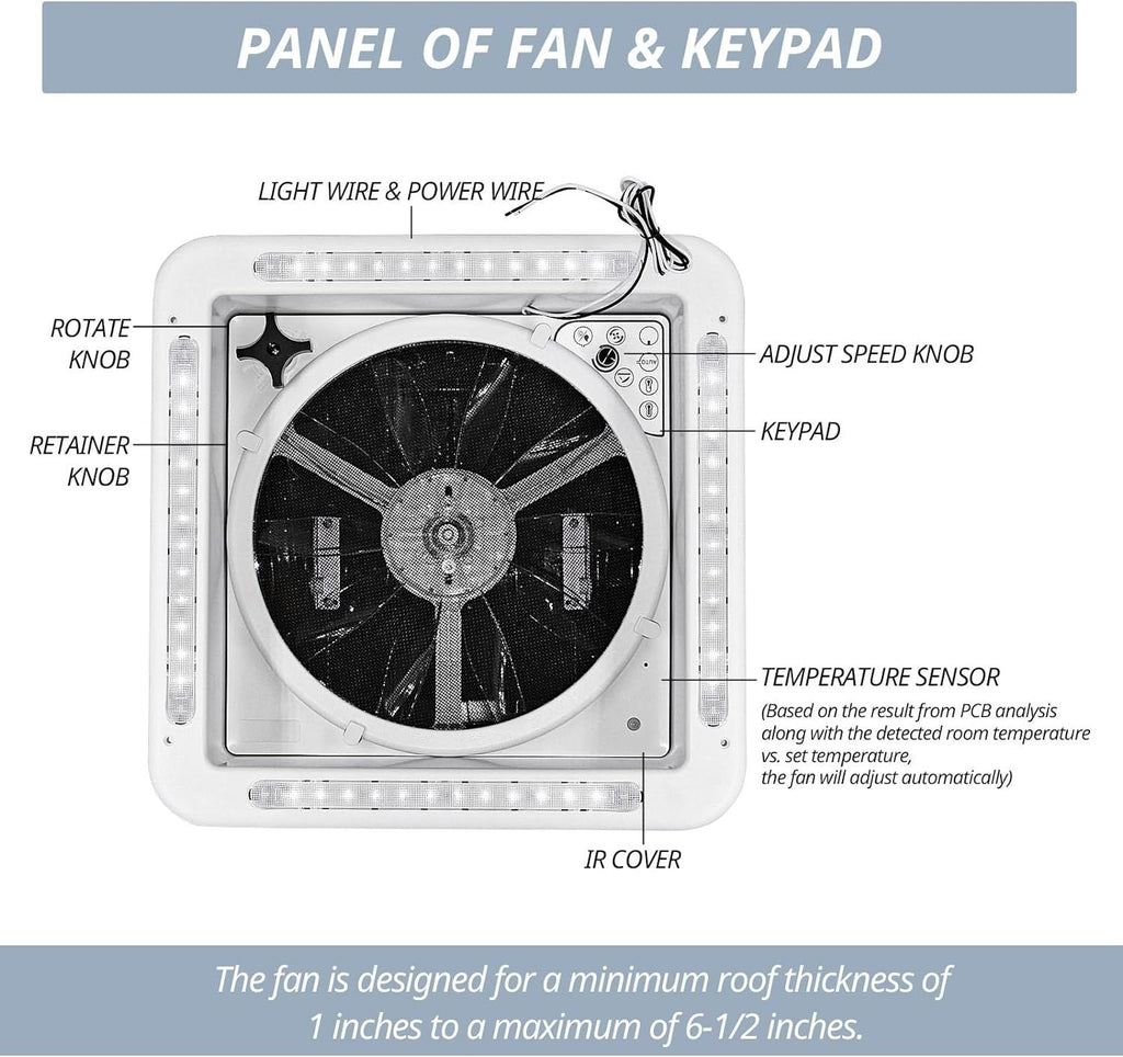 RV Roof Vent Fan 14",Continuously Variable Reversible 12V Remote Control Trailer Roof Vent Low Noise with Rain Sensor,UV Protection,Thermostat for Camper,Travel,Cargo Trailer