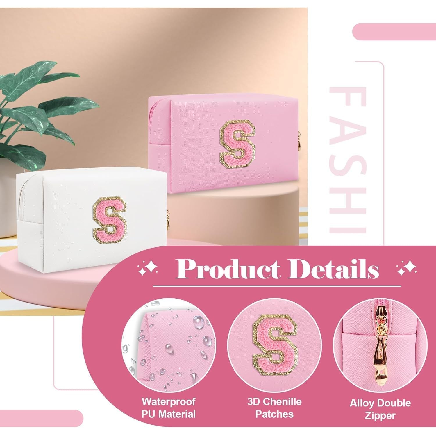 Personalized Initial A-Z Preppy Patch Makeup Bag,Small PU Leather Chenille Letter Cosmetic Bag with Zipper for Teen Girls,Pink Cute Travel Toiletry Bag,Birthday Monogrammed Gift for Daughter,Letter S