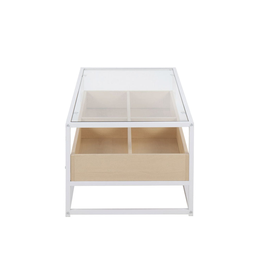 Display Contemporary Coffee Table in White Metal, Natural Wood, and Clear Glass by