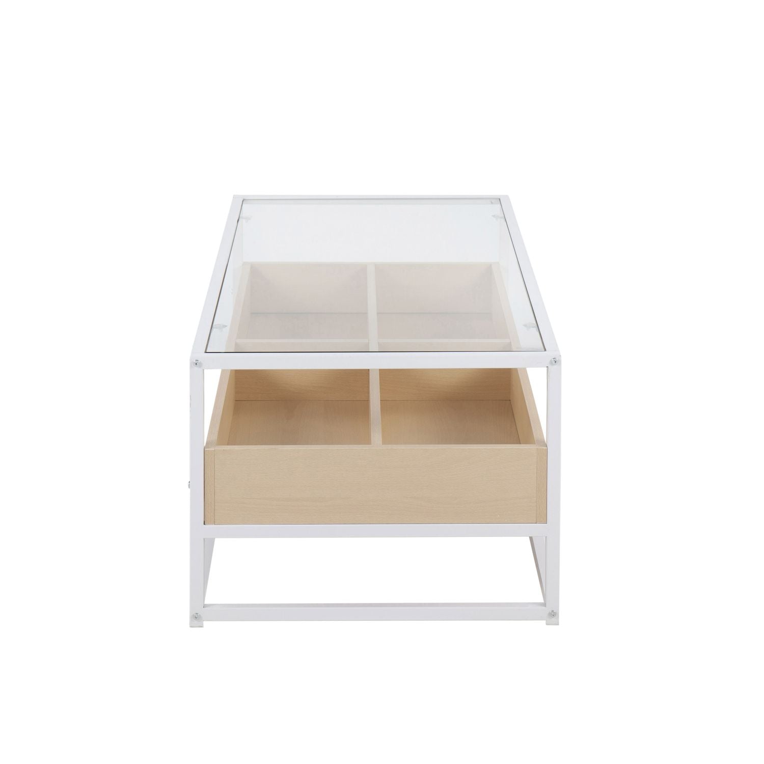 Display Contemporary Coffee Table in White Metal, Natural Wood, and Clear Glass by
