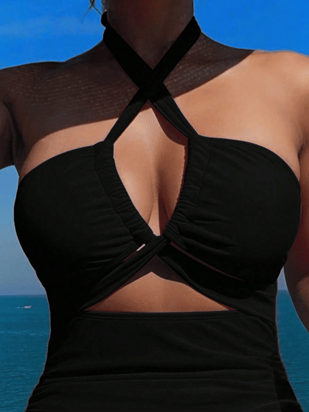 Ladies' cross pleated sexy hanging neck and exposed waist one-piece bikini swimsuit