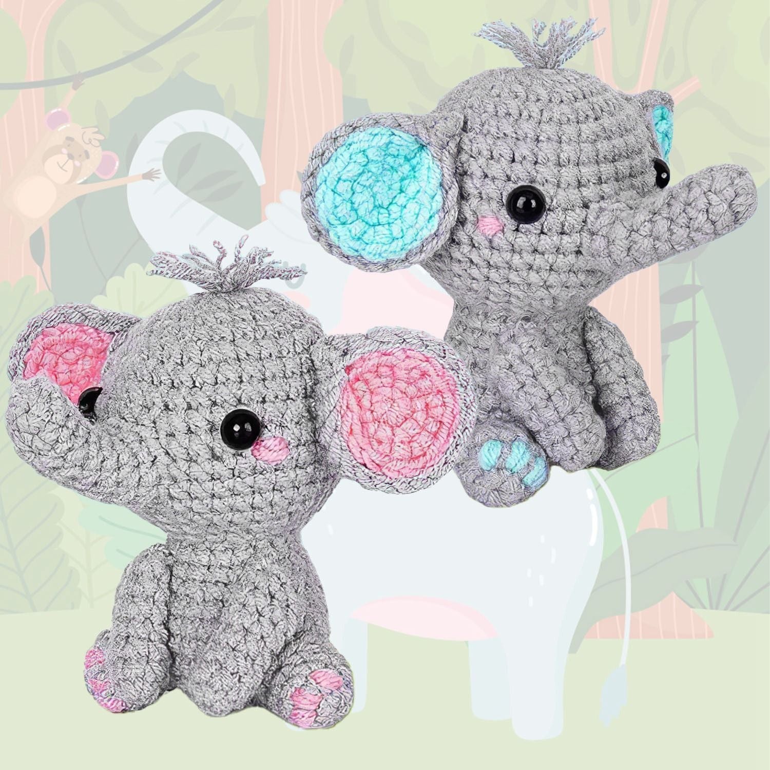 2 Lovely Elephants Crochet Kit Crochet Kit for Beginners DIY Knitting Supplies for Kids Adults 2 Types of Elephants