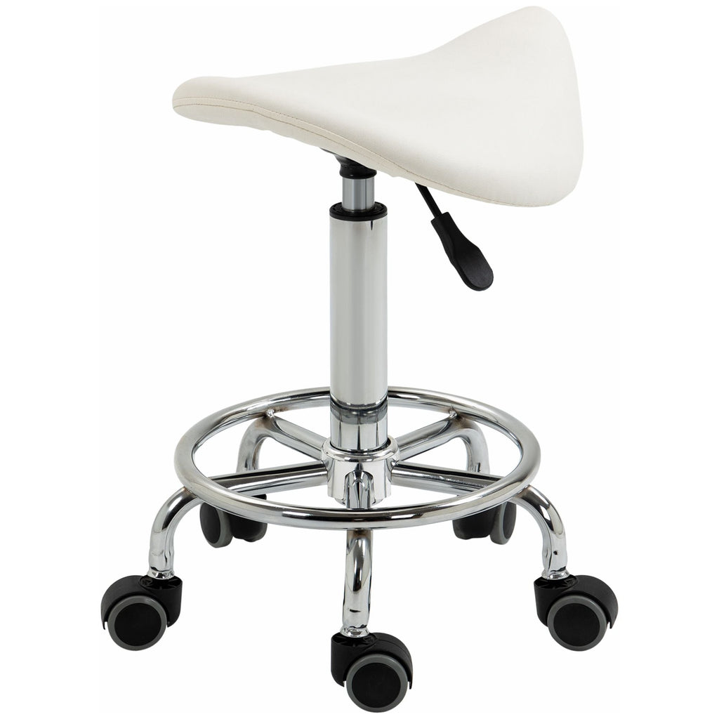Saddle Stool PU Leather Adjustable Rolling Salon Chair White for Massage Spa Clinic Beauty Tattoo