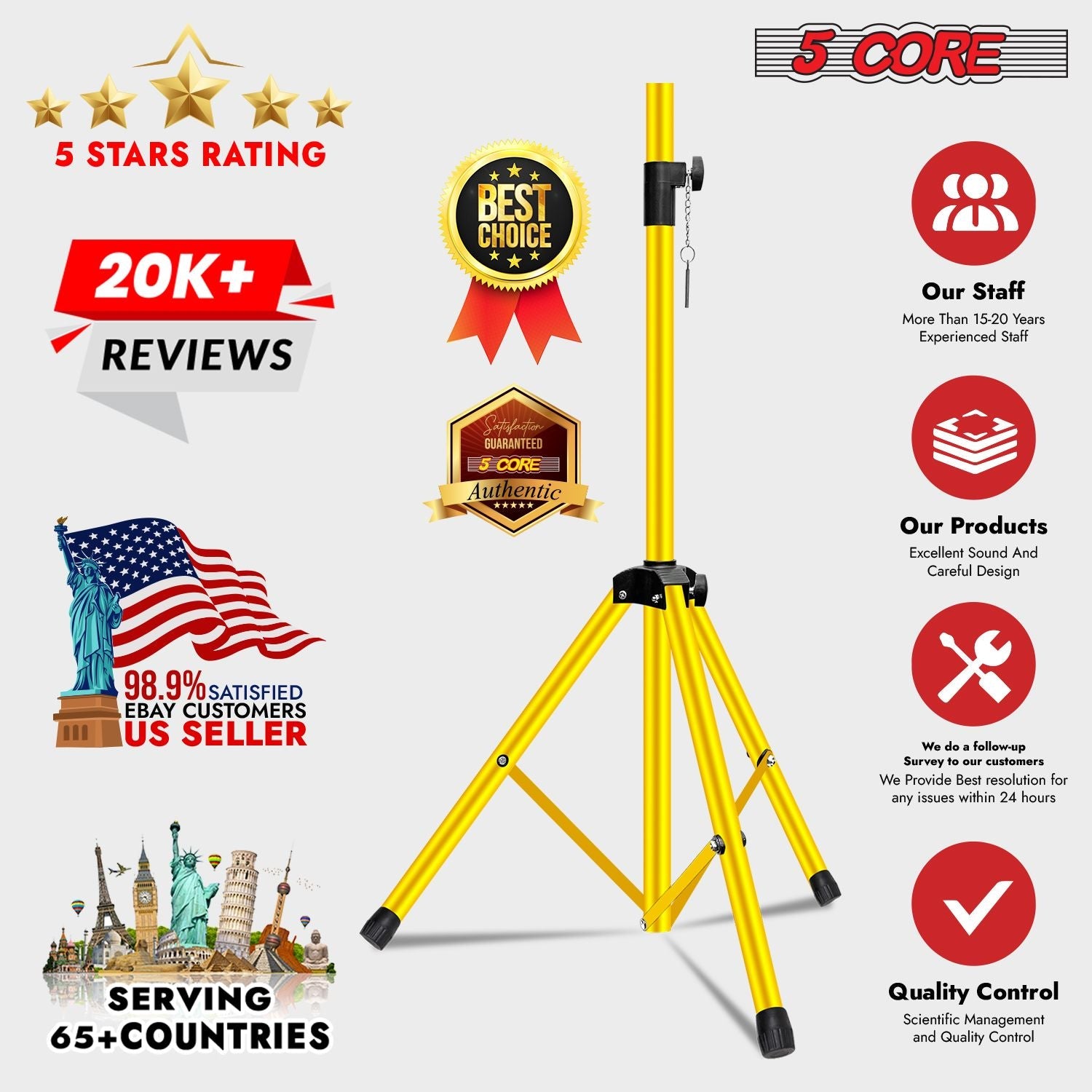 5 Core Speaker Stand Tripod Floor Tall Adjustable Up to 72 Inch DJ Studio Monitor Stands Pole Mount - SS ECO 1PK WOB