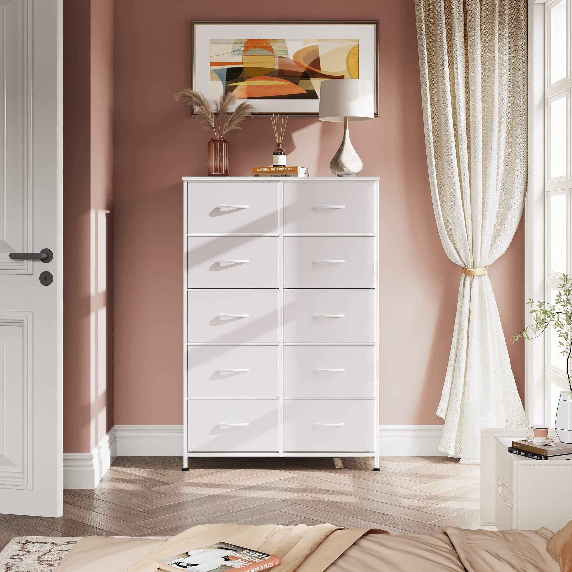 Bedside Table For Bedroom With 10 Fabric Drawers Storage Cabinet Steel Frame Closet For Clothes Storage Display Cabinet