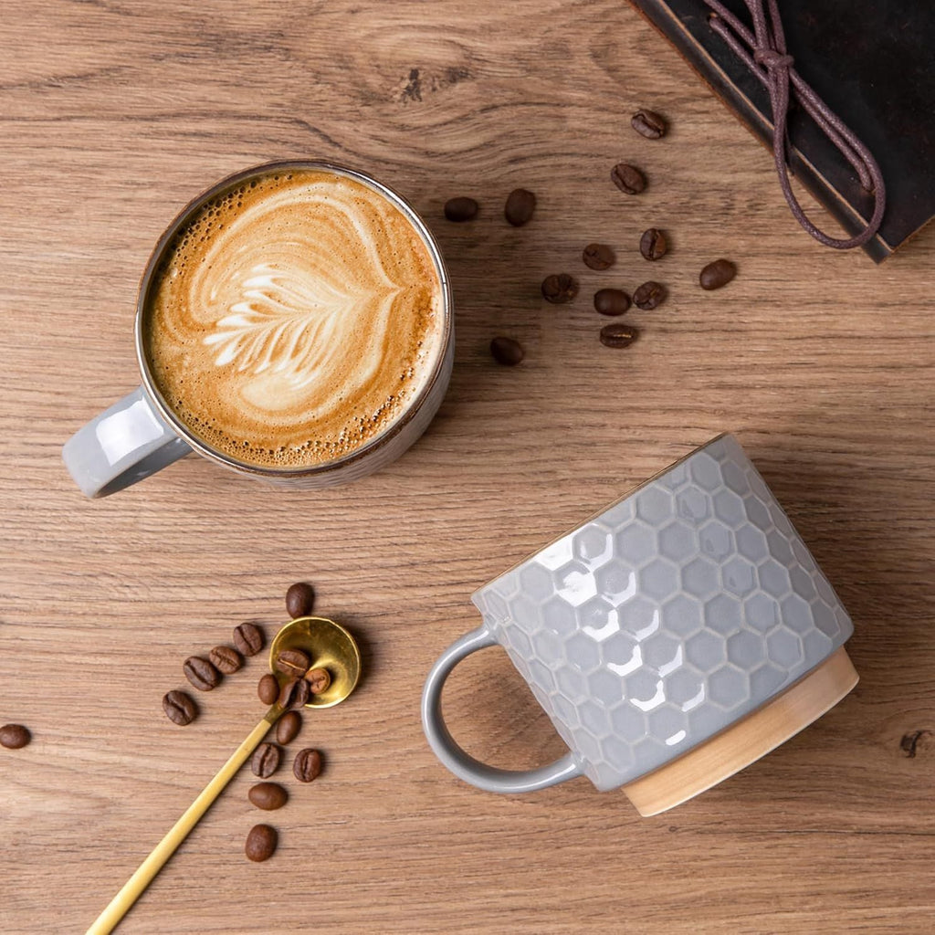 12OZ Stackable Coffee Mugs, Ceramic Coffee Mugs with Texture Patterns for Man,Woman,Dad,Mom, Modern Coffee Cups Set of 4 for Latte/Cappuccino/Cocoa. Dishwasher&Microwave Safe, Gray