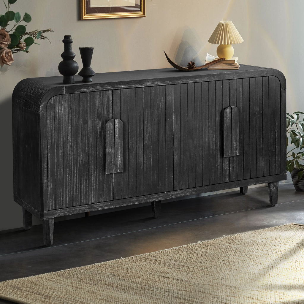 59'' Farmhouse Curved Vintage Storage Sideboard with Large Wooden Handles, Vertical Wood Grain Carving and Adjustable Shelves for Kitchen,Dining Room (Antique Black)
